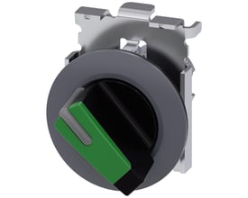 Siemens vælgerkontakt med lysbar, rund 30mm metal i mat grøn. Kort model med grå frontring og sort/grøn betjeningshåndtag på hvid baggrund.