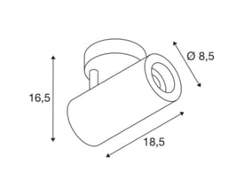 Teknisk tegning af SLV NUMINOS M påbygningsspotten med dimensioner i cm: 16,5 cm højde og 18,5 cm længde, 8,5 cm diameter.