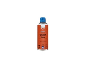 Stående Rocol Precision Silicone Spray 400 ml dåse med orange baggrund og blå dyse på en hvid baggrund.