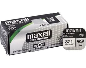 Maxell Silver-Oxide SR616SW (321) batterier, 10 stk. med 1,55V spænding, vist i original emballage med et enkelt batteri til højre.