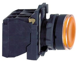 Sidevisning af Schneider Electric Harmony Style 5 lampetryk i orange, med synlig skruegevind og sort monteringsdel.
