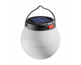 SpectrumLED Lumina Orb solcellelampe med rund, hvid skærm, sort top, solcellepanel og bærehåndtag.