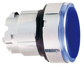 Detaljeret billede af Schneider Electric lampetrykshoved, der viser den blå trykknap og kromkant.