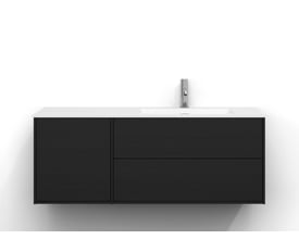 Svedbergs Epos underskab i sort ask, 120x45 cm med plan front og 2+1 skuffer, vist forfra med hvid vask.