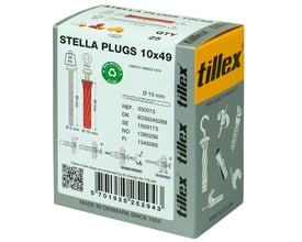 Tillex Stella plugs i rød farve, 5 x 80 mm, pan PZ, pakke med 25 stk, med illustrationer af anvendelse.