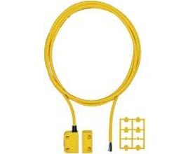 Pilz PSEN MA1.4A-50 magnetisk sikkerhedsafbryder med 5 meter gult kabel og monteringsdel, hvid baggrund.