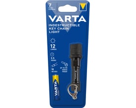Varta Indestructible Key Chain Light sort, vist i blisterpakke med batteri og produktinformation.