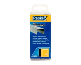 Pakke med 5000 Rapid nr. 13 fintrådshæfteklammer med en længde på 14 mm, højtydende i gul og blå emballage.