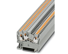 Grå Phoenix Contact PTS 2,5-TWIN gennemgangsklemme set skråt med synlige orange Push-in-trykknapper.