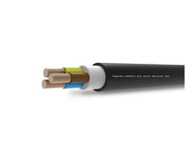 Fleksibelt sort kabel med tre indre ledere: grøn/gul, blå og brun, med hvid isolering og sort yderkappe.