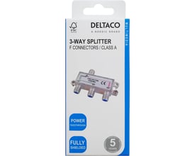 Deltaco 3-vejs splitter med F-stik og klasse A vises på forsiden af emballagen med tre udgange.