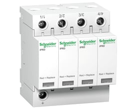 Schneider Electric iPRD65r 4P 340V overspændingsafleder med fire moduler, hver mærket med numre og Schneider Electric logo.