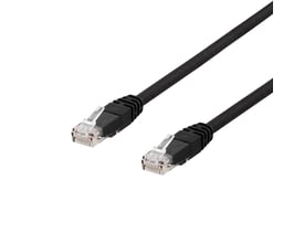 DELTACO Cat6a patch kabel, 0,5 meter, sort U/UTP, med stik i begge ender på hvid baggrund.