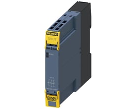 Siemens SIRIUS 3RQ1 koblingsrelæ med 2 NO- og 1 NC-kontakt, gråt hus og gule detaljer.
