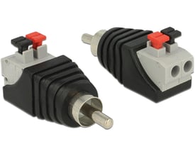 DeLock-adapter med RCA-hanstik og 2-polet terminalblok, vist fra to vinkler med røde og sorte trykknapper.