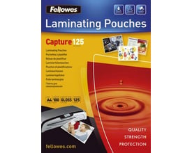 Fellowes lamineringslommer Capture 125, A4 format, 125 mikron tykkelse, 100 stk. pr. æske, med tekst på flere sprog og billeder af laminerede dokumenter.