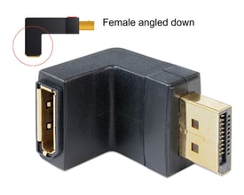 Sort DeLock DisplayPort-adapter med hanstik og hunport i 90° vinkel, vist fra siden med stikenderne tydeligt synlige.