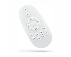 Hvid SpectrumLED Bluetooth-fjernbetjening til RGB+CCT-lys med knapper til tænd/sluk, farve, lysstyrke og farvetemperatur.