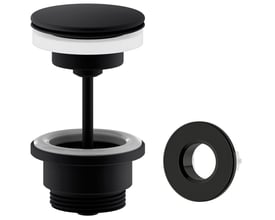 Damixa push-up bundventil i mat sort messing med Ø63mm diameter og synligt overløb, vist som dele.