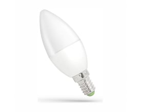 SpectrumLED LED-kertepære C35 med matteret hvidt glas og synlig E14-fatning, set skråt fra siden.