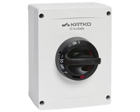 Katko Isf 340UL M3 afbryder i hvid kapsling med sort drejegreb, set skråt forfra.