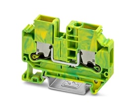 Phoenix Contact XTV 6-PE terminal block i grøn og gul farve med metalkontakter og en skinnemontering i metal.