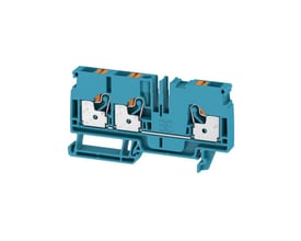 Isoleret Weidmüller A3C 6 BL gennemgangsklemme i blå, 6mm² med PUSH IN teknologi på hvid baggrund.