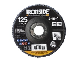 Ironside konisk 2-i-1 lamelrondel, 125 mm, K40, set forfra med sort mærkat og synlige slibelameller.