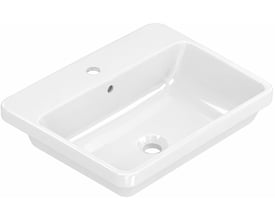 Hvid firkantet COBA-håndvask til nedfældning, 500 x 400 mm, set skråt ovenfra med hanehul og overløb.