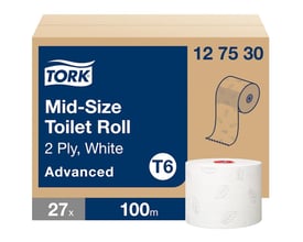 Karton med 27 ruller Tork Mid-Size toiletpapir, 2 lag, hvid, Advanced kvalitet, 100m, T6 systemet.