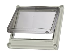 Fibox EK OGL24II-1 hængsellåg i grå polycarbonat, 280x280mm, med gennemsigtigt låg monteret på bundramme.