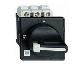 Schneider Electric TeSys Vario hovedafbryder 12A, 3P, vist fra siden med fokus på det sorte drejegreb og 'ON/OFF' indikatorer.