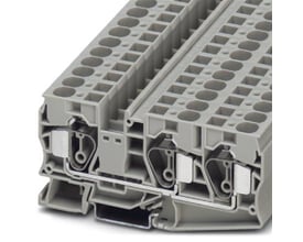 Detaljeret nærbillede af Phoenix Contact STTB 2,5-TWIN klemmen, der viser den interne fjedermekanisme og en 2,5mm² tilslutning.