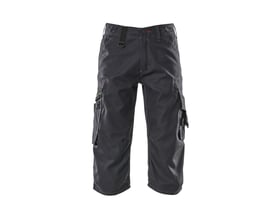 Mascot Limnos 09249 arbejdsshorts i mørk marine med praktiske lårlommer og røde detaljer, set forfra.