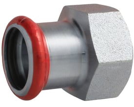 Unico forzinket overgang med 54mm presmuffe og 2" indvendigt gevind, vist på hvid baggrund.