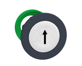 Schneider Electric Harmony XB5 flush trykknaphoved i hvid med sort pil-symbol og grøn monteringsring.
