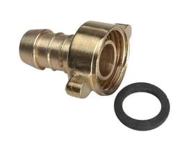 Slangestuds messing omløber med 3/8" BSPP gevind og 10 mm slangetilslutning, leveres med en sort pakning.