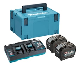 Komplet Makita batteripakke med turkis Makpack kuffert, sort og turkis dobbeltlader samt to sorte 8,0 Ah XGT 40V batterier.