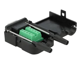 Delock adapter med Sub-D 9 pin hun til 10 pin terminalblok, åben for at vise grønne skrueterminaler og kabinet.