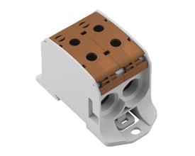 Weidmüller WPD 231 2X95/2X95 BN fordelerklemme med brunt cover og skrueterminaler på hvid baggrund.