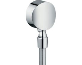 Nærbillede af Hansgrohe FixFit S slangeudtag, der viser det blanke krom og den funktionelle udformning med kugleled.