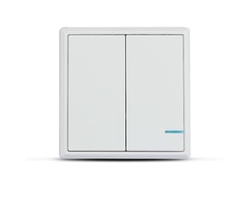 Hvid V-TAC 2-gangs sensorafbryder i PC-materiale med en lille blå indikatorlampe, monteret på en ren hvid baggrund.