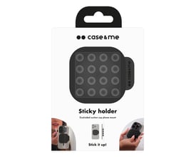 Case&Me Sticky holder, en sort dobbelsidet sugekop mobilholder i sin emballage med illustrationer af brug.