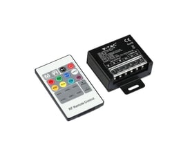 V-TAC RGB controller 240W og RF fjernbetjening med mange funktioner sat side om side på hvid baggrund.