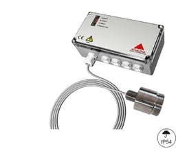 Gasdetektor GXR24-HC til R290 med styreboks, tilsluttet sensor og oprullet kabel.