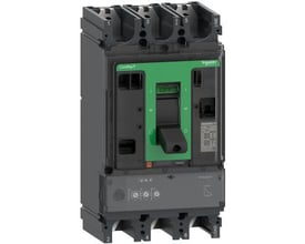 Schneider Electric ComPacT NSX400HB1 maksimalafbryder, 3-polet, med 250A mærkestrøm og MicroLogic 2.3 strømrelæ, vist i grå og grøn.