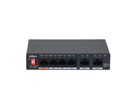 Dahua PFS3006-4GT-6 unmanaged Gigabit switch med 4 PoE-porte og 2 uplink-porte, vist forfra med statusindikatorer og en rød PD/Extend Alive Mode kontakt.