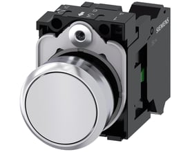 Siemens 22mm trykknap med blank metalramme og hvid, flad betjeningsknap, vist med fjederklemme og 1NO kontakt.
