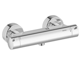 Damixa Iris termostatbatteri i skinnende krom med 2-grebs betjening, 150mm centerafstand og integreret skoldningsspær.