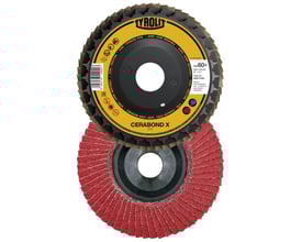 Tyrolit Cerabond X lamelrondel, 125mm, viser den røde slibeflade og sorte bagside med produktinformation.